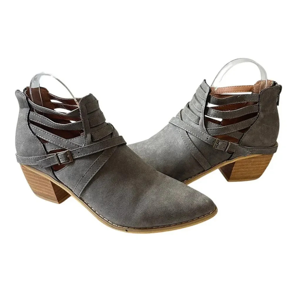 Size 8 Gray Pointy Toe Strappy Block Heel Ankle Boot Bootie Casual Staple Buckle